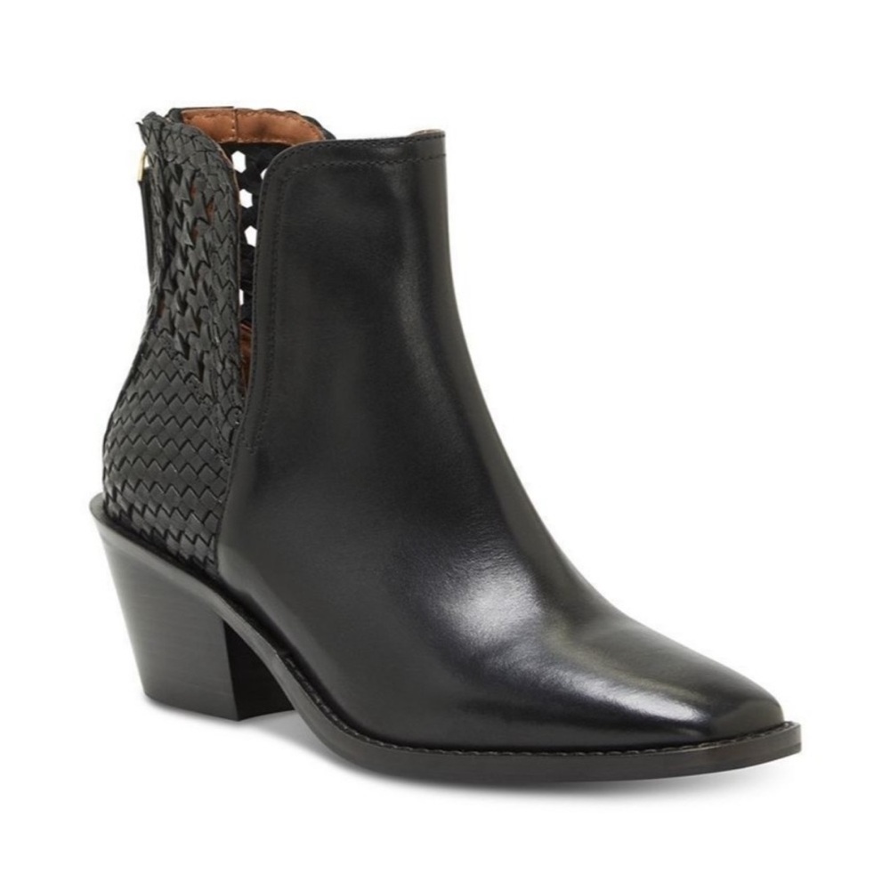 Lucky Brand Kaedynce Bootie Cognac Leather Woven Western Block Heel Size 8.5 A22